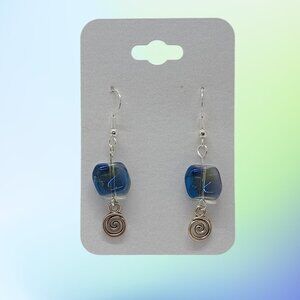 Iridescent Blue Glass Bead with Silver Spiral Accent Dangle Earrings